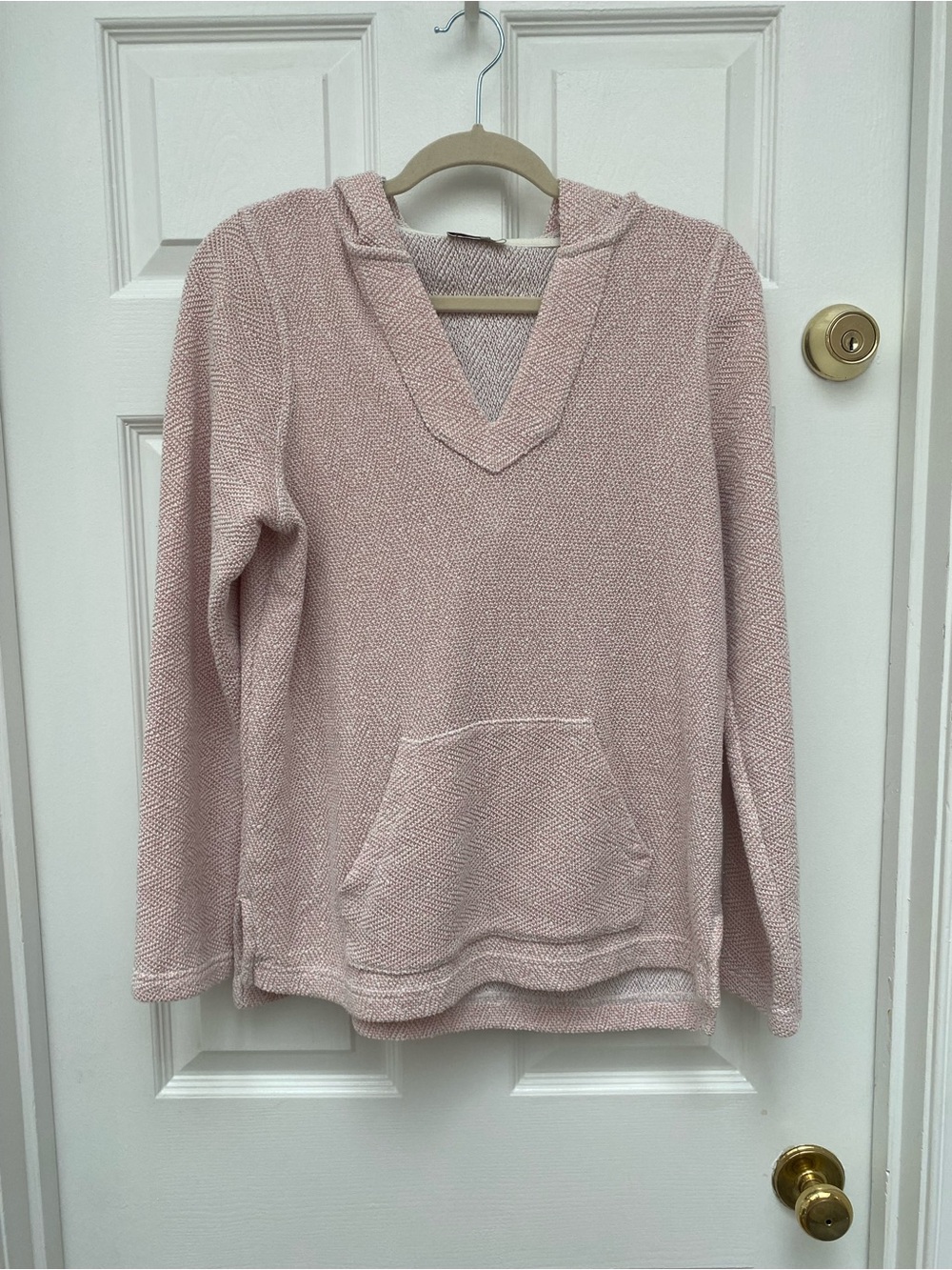Faherty Light Blush Pink V-Neck Textured Knit Whitewater Hoodie - Small